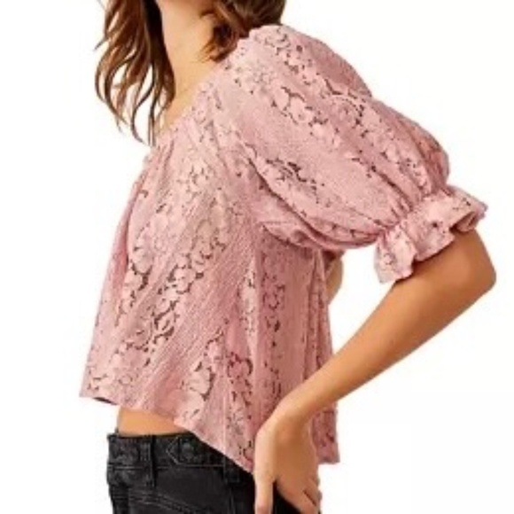Free People Stacey Puff Sleeve Lace Crop Top, Elbow Sleeves, Rose, XS NWT - Picture 4 of 15
